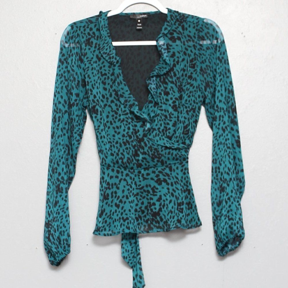 Aqua long sleeve animal print teal black ruffle blouse